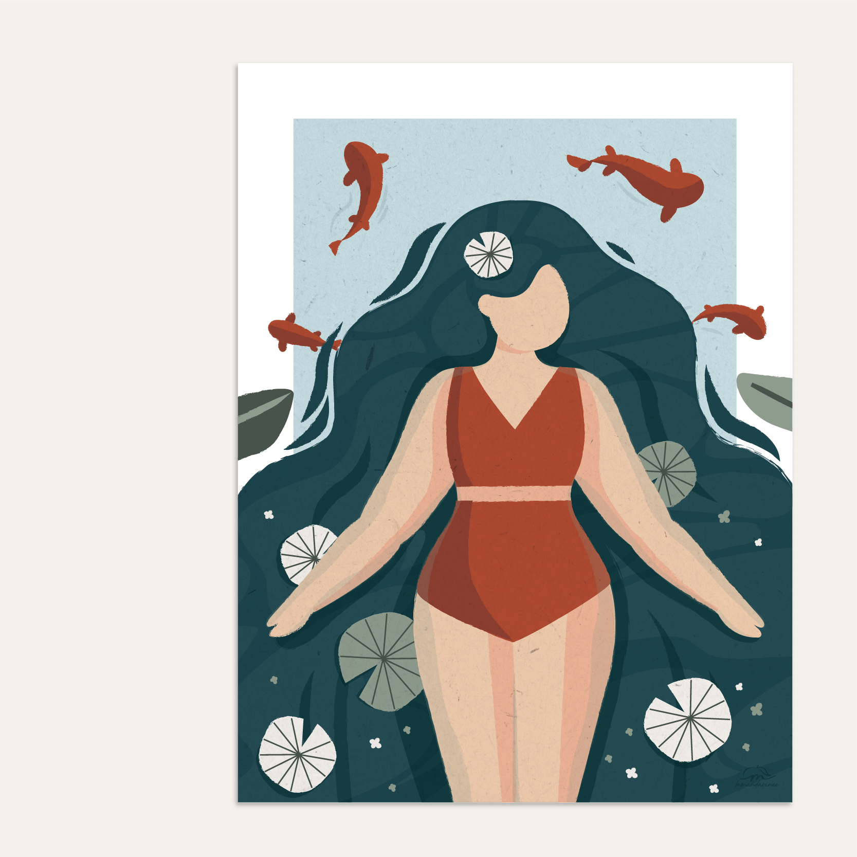 Illustration de femme qui flotte sur l'eau par Lamandarinee, Illustratrice