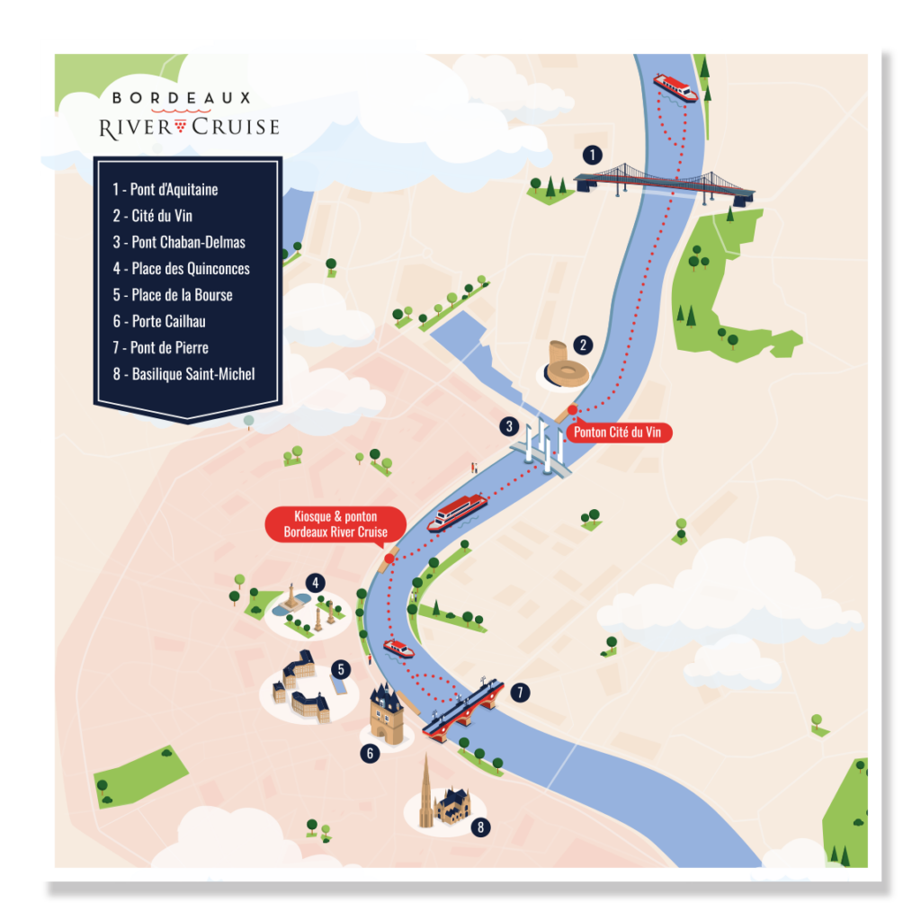 Carte touristique en isométrie au format carré présentant les monuments de Bordeaux