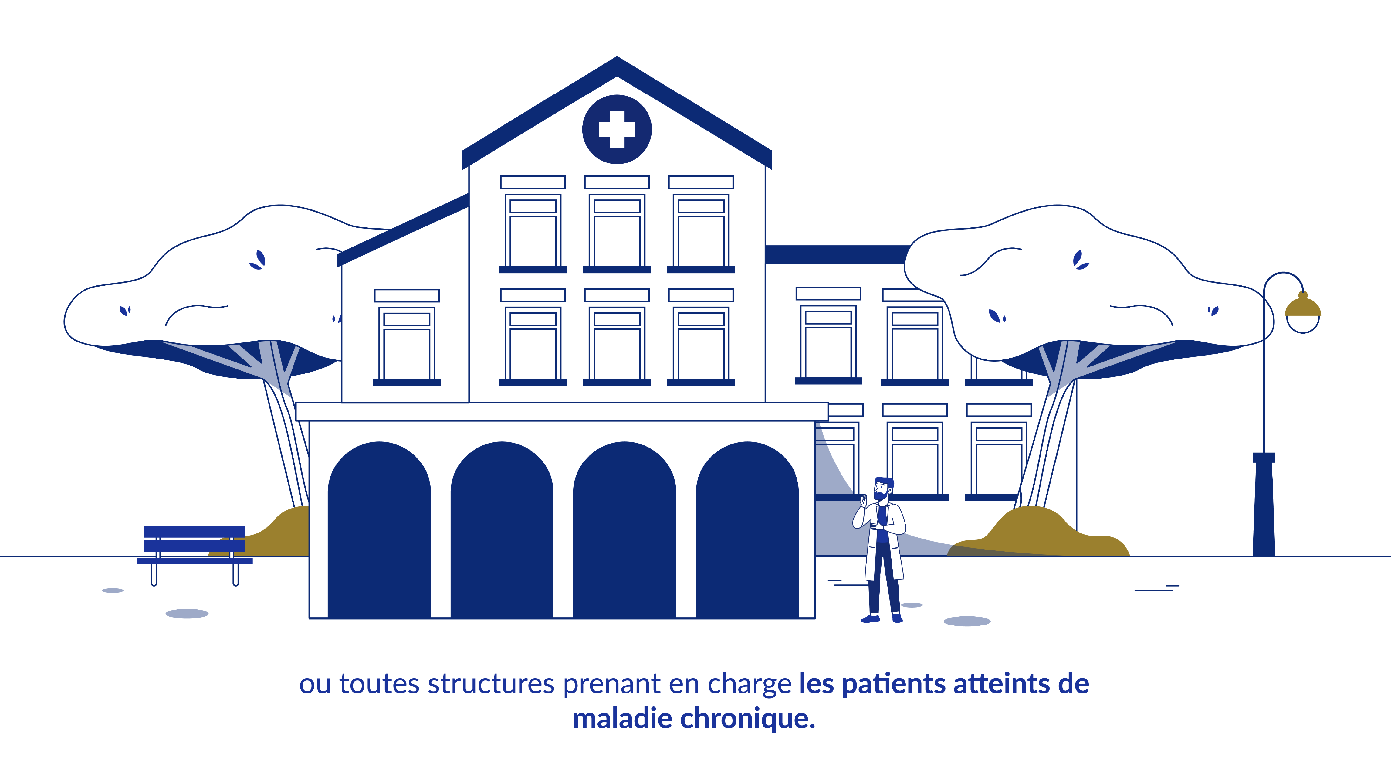 Planche d'illustration sur le thème des structures prenant en charge des patients atteints de maladie chronique, pour le storyboard du motion design