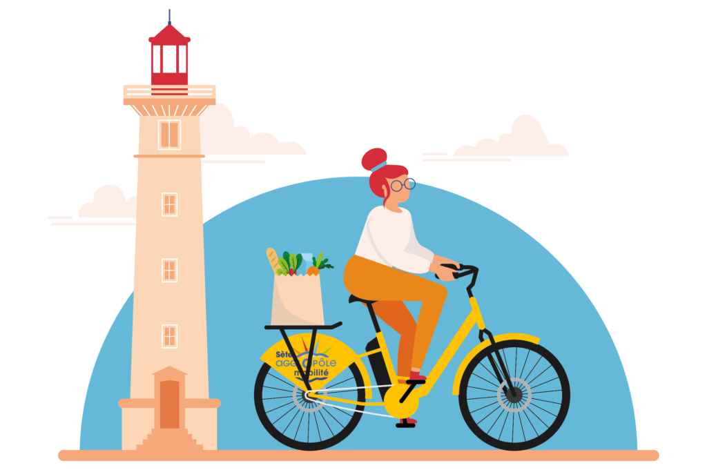 Illustration d'une femme à vélo devant le phare de Sète pour le vélo SAM