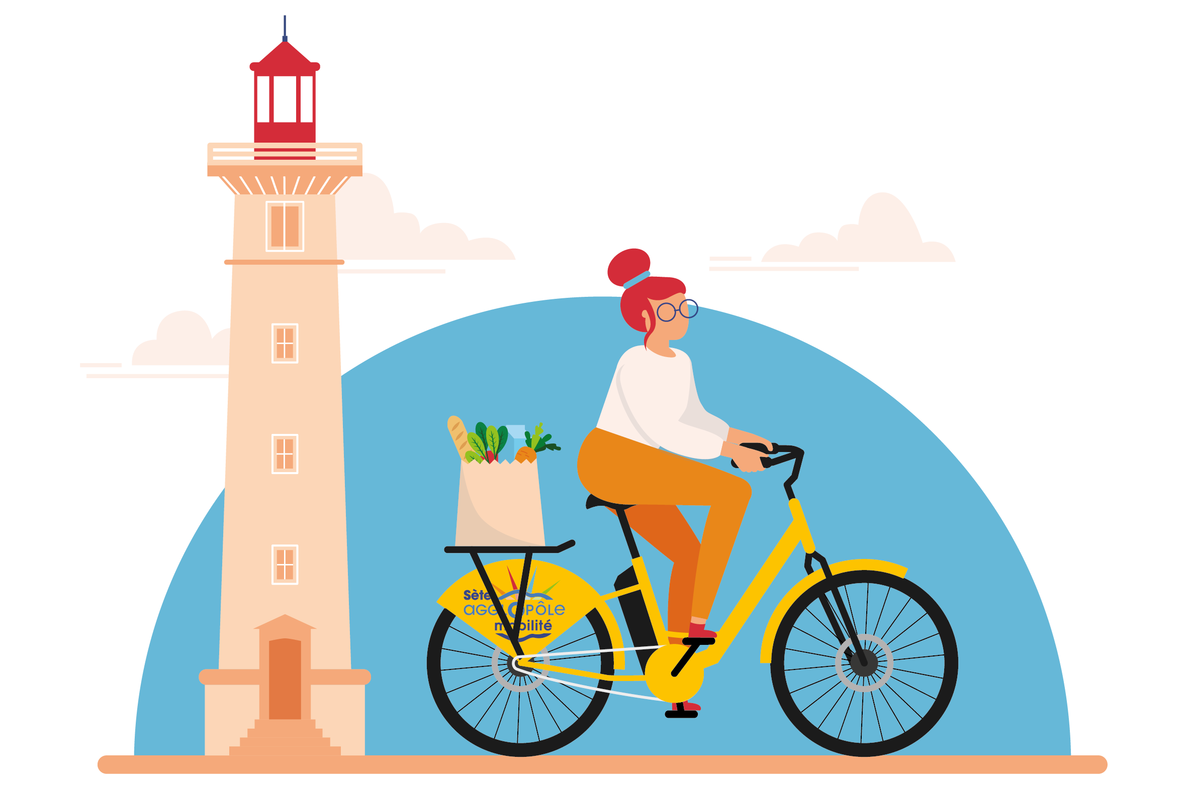 Illustration d'une femme à vélo devant le phare de Sète pour le vélo SAM