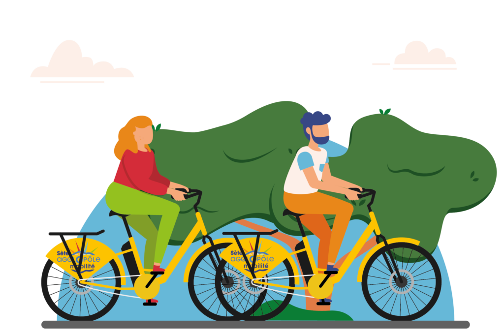 Illustration d'une femme et d'un homme à vélo dans un parc de Sète pour le vélo SAM